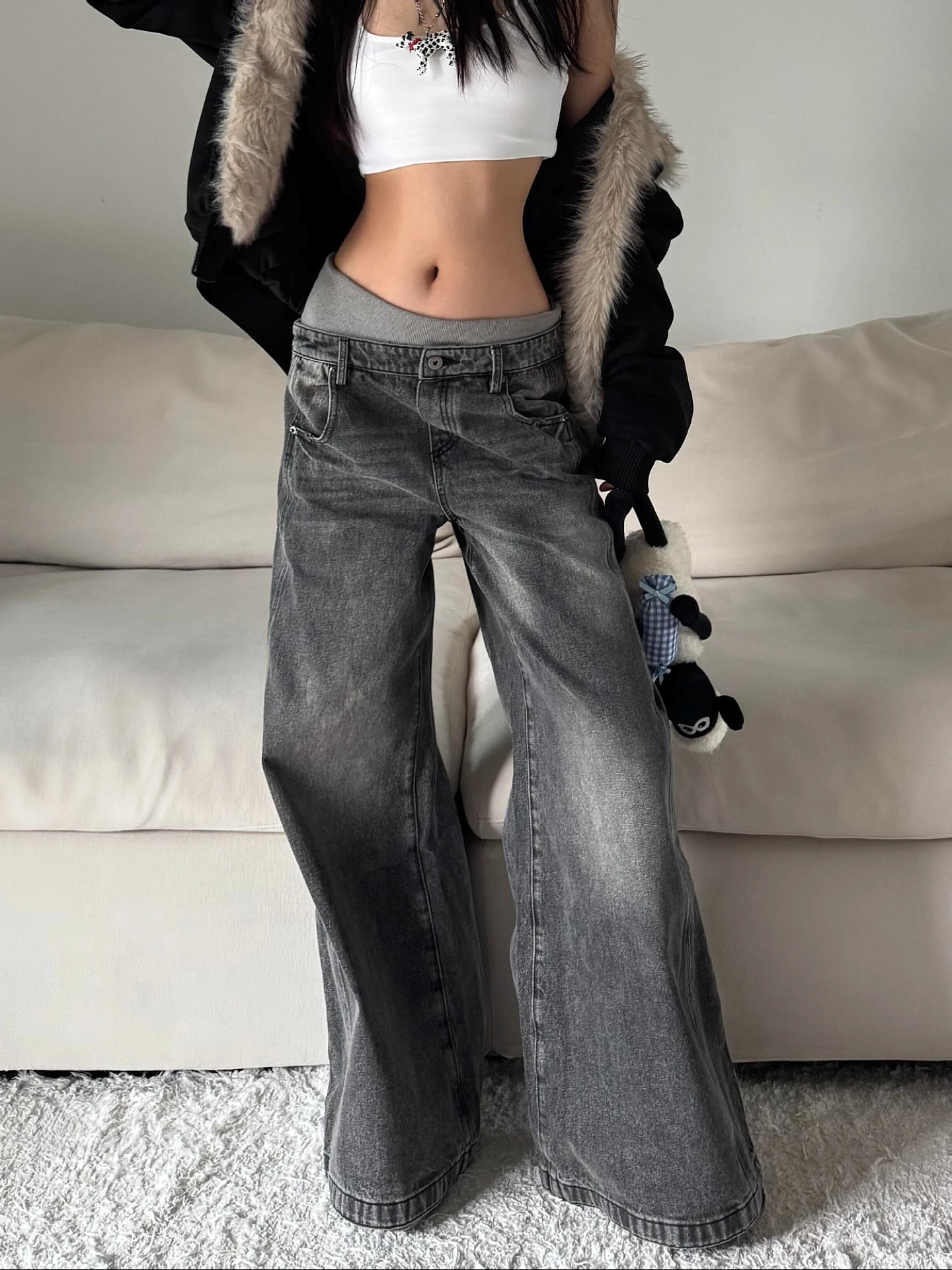 

Loose Fit High Waist Double Waistband Bell Bottoms Vintage Distressed Women's Jeans Sexy Girl Design Floor Length Trousers