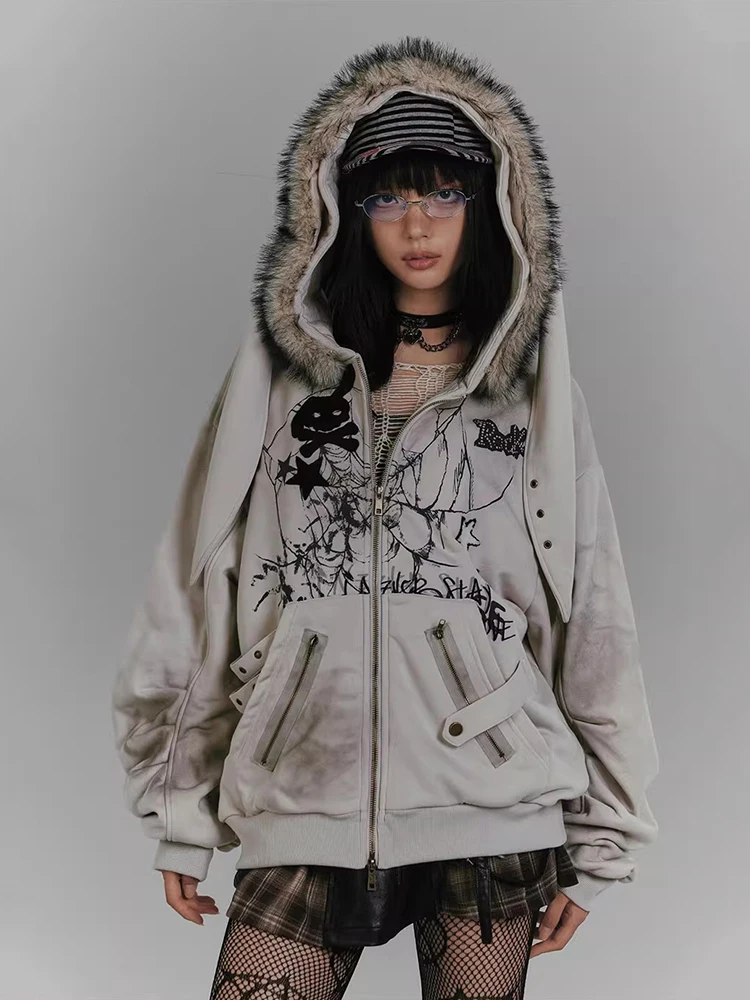 เสื้อฮู้ดดี้ลายกระต่ายน่ารักสไตล์ REDDACHiC สำหรับผู้หญิง ผ้าฟลีซหนานุ่ม ซิปหน้า แต่งลายกราฟิก สไตล์กรันจ์ Y2k เสื้อผ้าแนวอีสเทติก