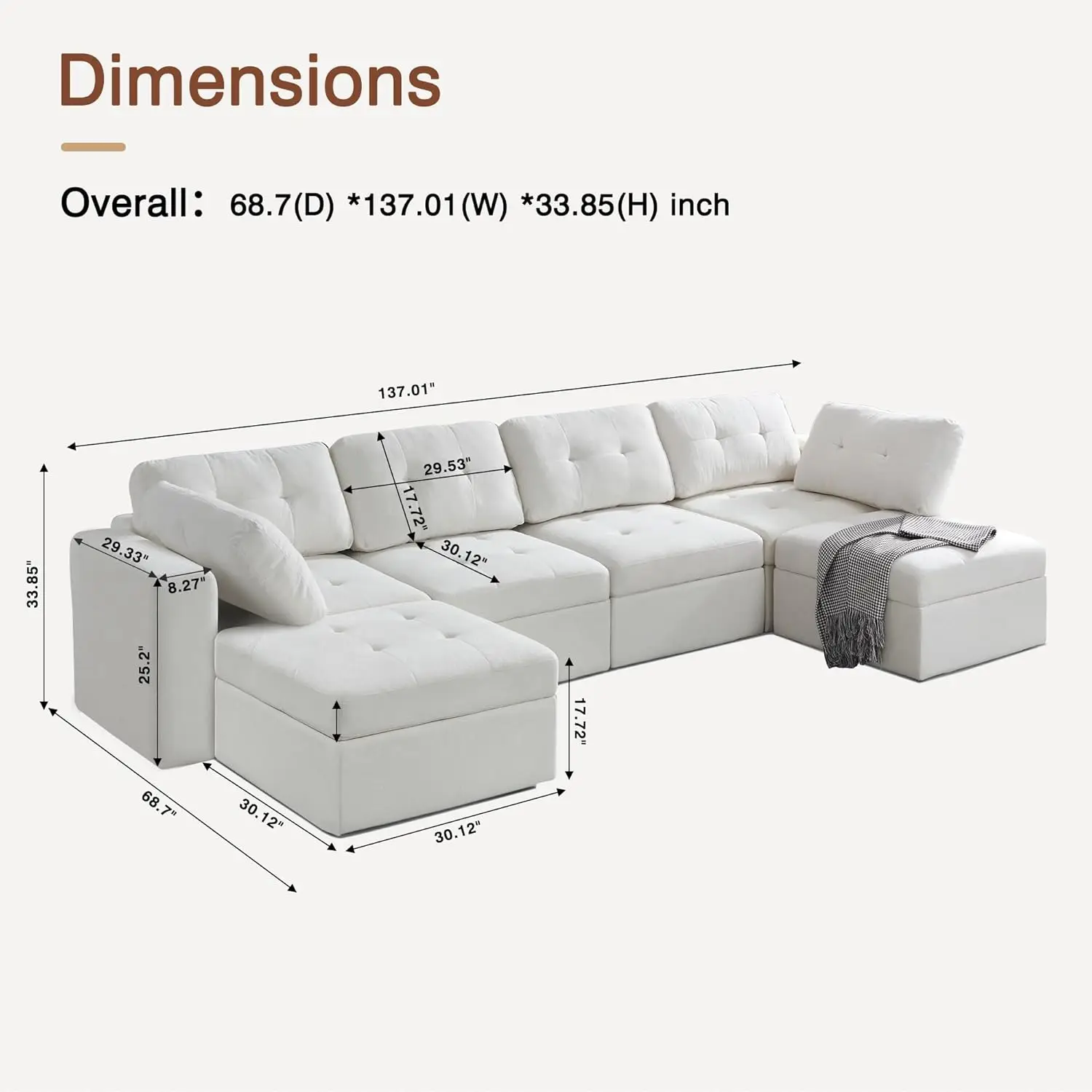 

Shaped Sofa Couch Modular Sectional Tufted Sofa with Double Chaise, Convertible Sectional Sofa with Storage