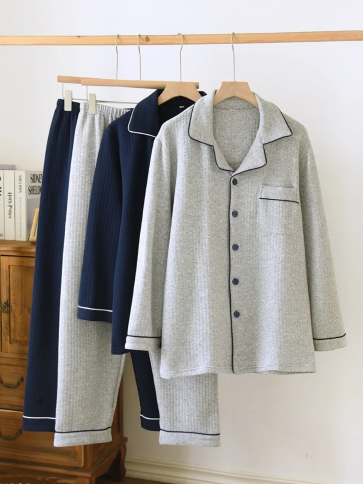 Men's Sleepwear Long Sleeve Air Cotton Thickened Three-Layer Home Clothes Set Autumn Winter Warm Home Leisure Style Cotton ...
