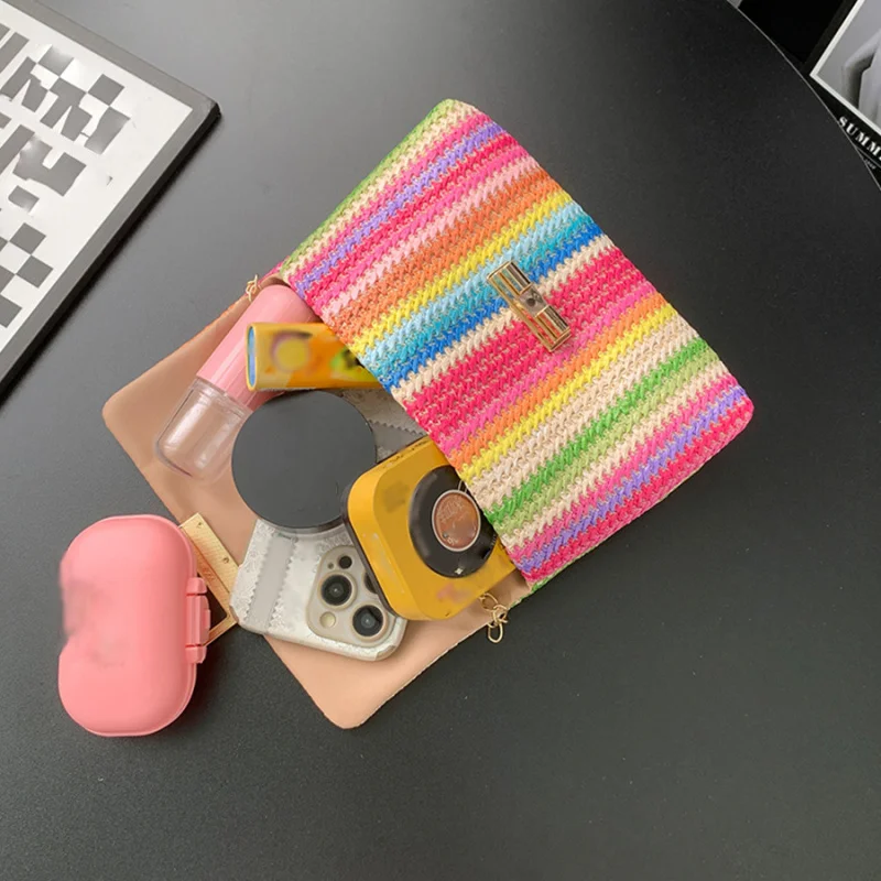 Women Summer Beach Rainbow Stripe Woven Straw Crossbody Shoulder Bag Front Flap Turn-Lock Chain Boho Vacation Small Size Purse view 6