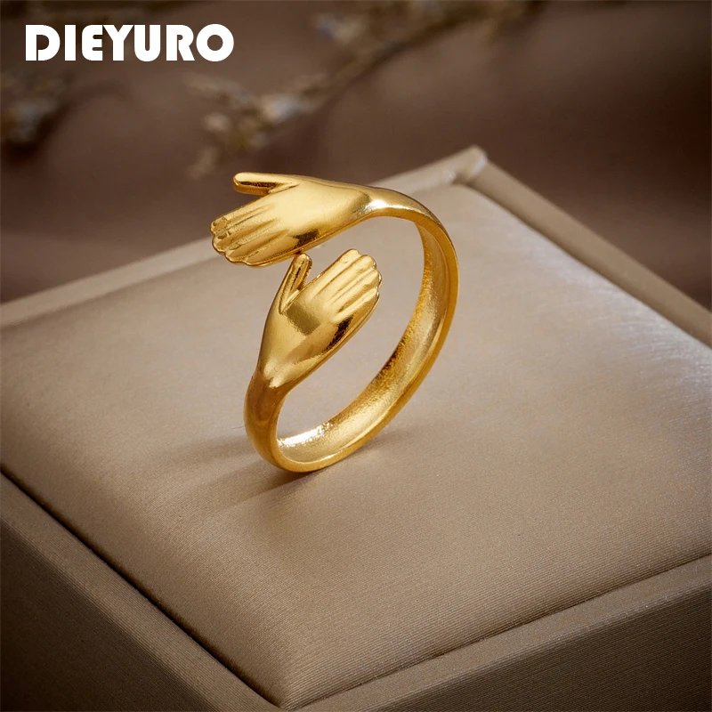 DIEYURO 316L Stainless Steel Two-Handed Embrace Creative Ring For Women New Design Girls Open Rings Party Jewelry Gifts Anillo