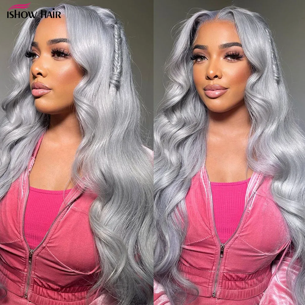 Ishow Gray Lace Front Wig Human Hair 13x4 Body Wave Lace Front Wig Brazilian Colored 4x4 Lace Closure Human hair Wigs For Women