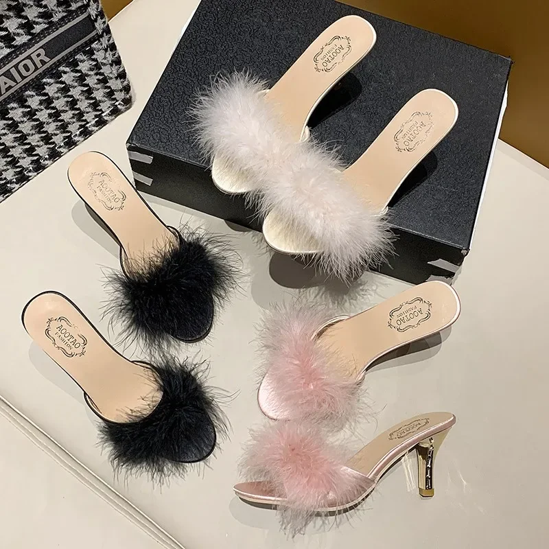 Large43 Mules Sandal Women Summer Outdoor Slippers Square Toe High Heels Office Ladies Feather Slides Chic Classics Furry Shoes