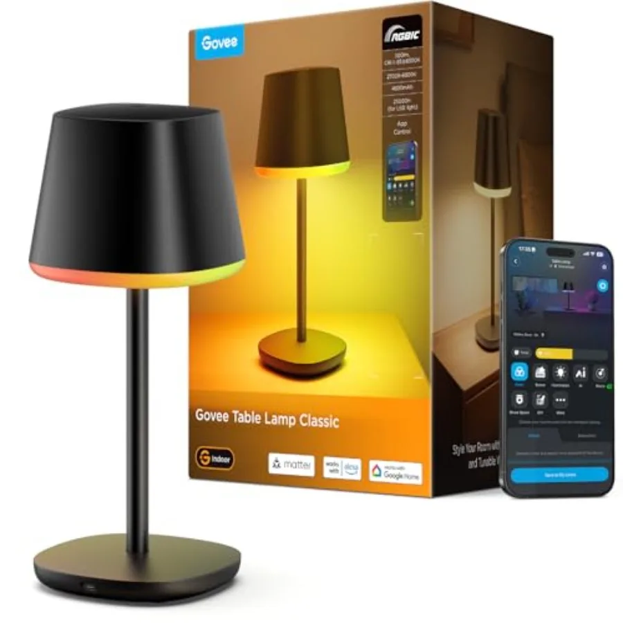 Smart Cordless Table Lamp Classic No Adapter,RGBIC Rechargeable Table Lamp for Bedroom, Living Room, Portable Desk Lamp Works w