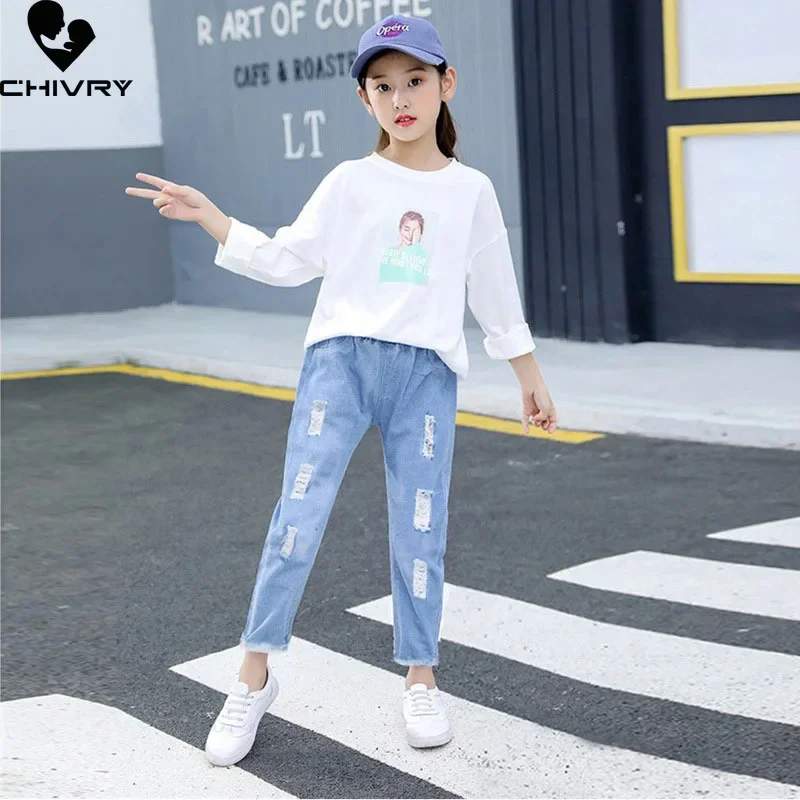 New 2022 Kids Fashion Jeans Long Trousers Pants Girls Classic Denim Flower Embroidery Pants Baby Jeans Spring Autumn Jeans