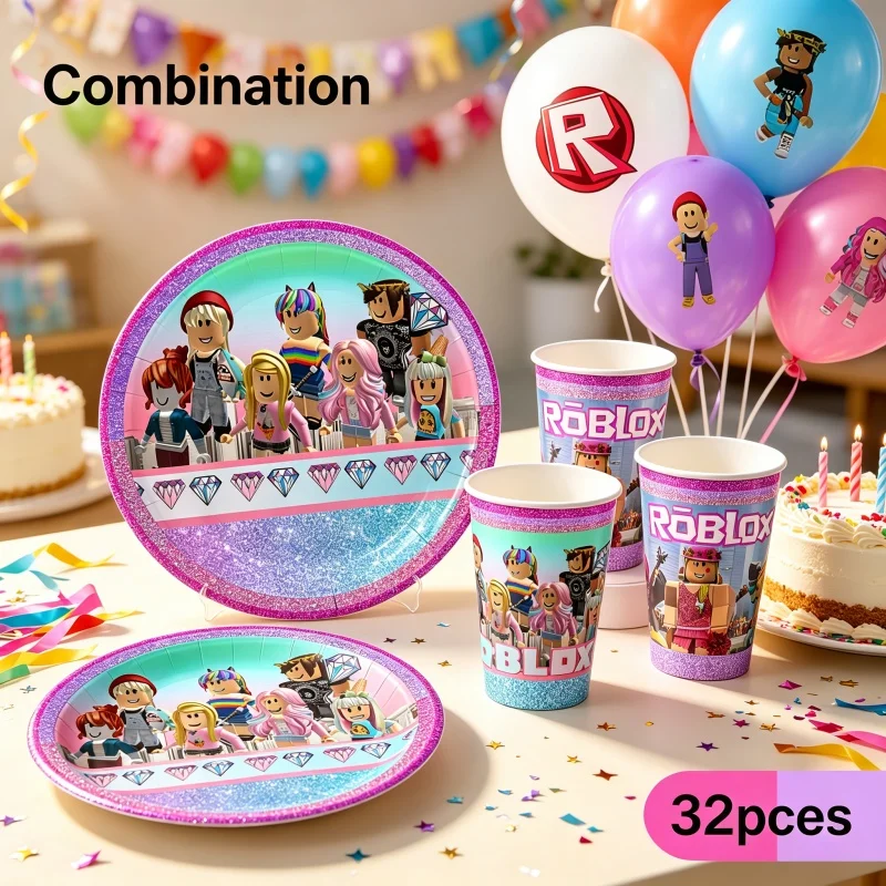 Robloxed Kombinations-Set mit Tassen, Tellern und Luftballons, Einweggeschirr für Geburtstagsfeiern, Festivals, Veranstaltungen und Partys – Detail 1