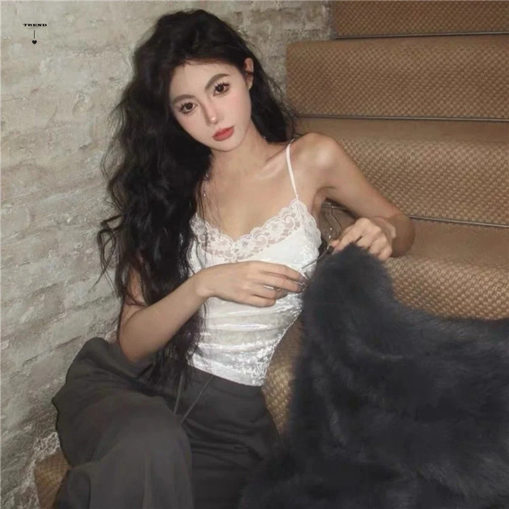 Top Corto sin Mangas con Tirantes, Estilo Y2K, con Relleno en el Pecho, Encaje de Terciopelo, Camisola, Ropa de Calle, Cálido, para Otoño y Verano