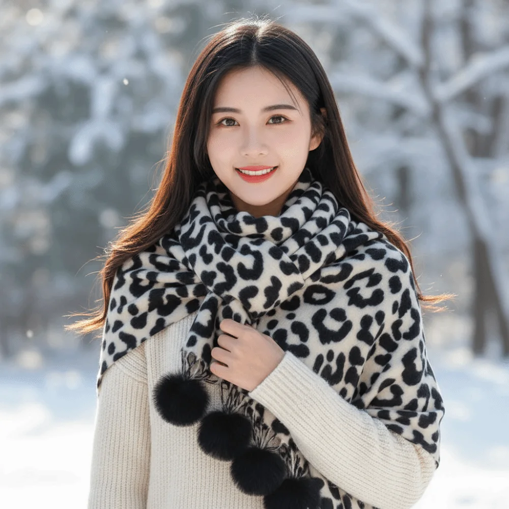 Tassel Neck Warmer Fleece Leopard Print Scarf Thick Soft Winter Shawl Wrap Thermal Washable Cashmere Feel Scarf Outdoor Travel