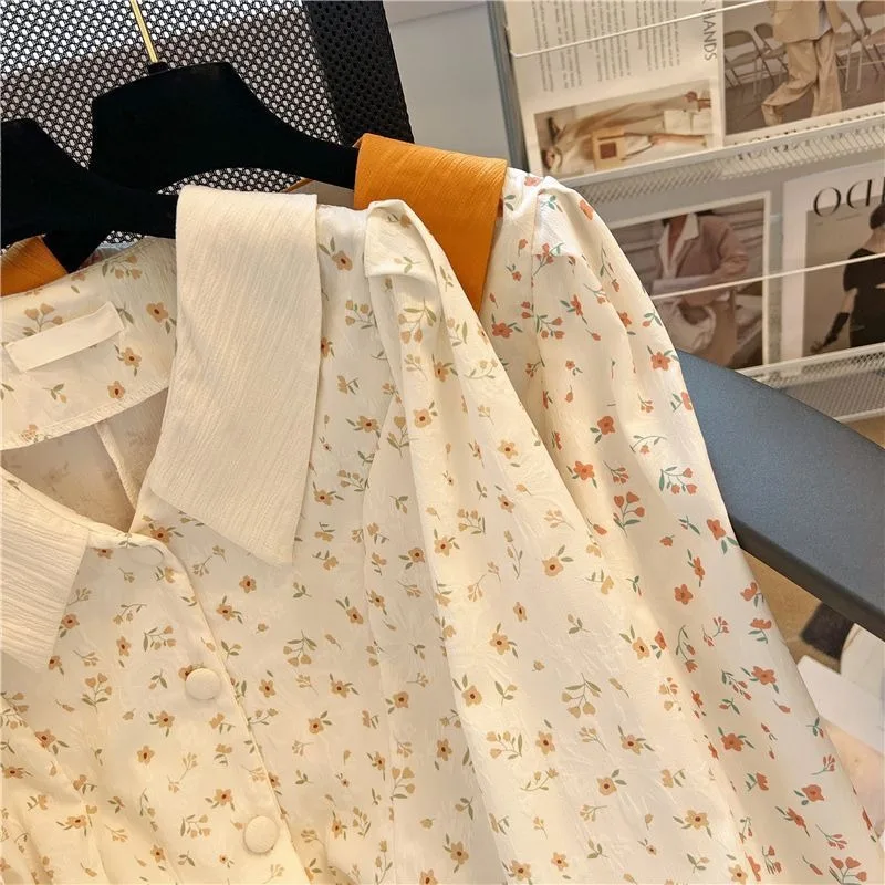 

Рубашки с воротником Питера Пэна, женские элегантные рубашки во французском стиле с цветочным принтом на пуговицах, мешковатые, тонкие, универсальные, повседневные, летние, милые, модные для молодых девушек