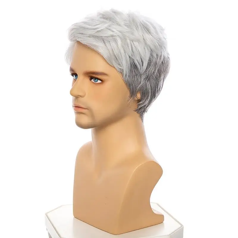 شعر مستعار اصطناعي قصير مستقيم بقص عابث رمادي وأبيض متدرج مع غرة للرجال للحفلات التنكرية اليومية شعر مستعار مقاوم للحرارة #4