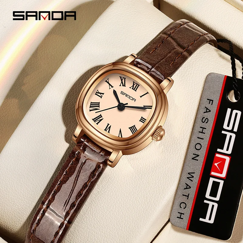 Sanda 1137นาฬิกาควอตซ์สำหรับผู้หญิงนาฬิกาข้อมือสายหนังสำหรับสุภาพสตรีสีน้ำตาลดำเรียบง่ายโรมัน