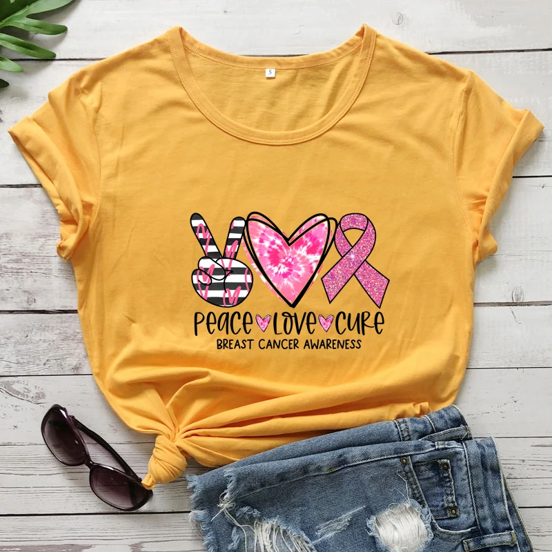 colored peace love cure tshirt vintage women short sleeve breast cancer awareness tee shirt top