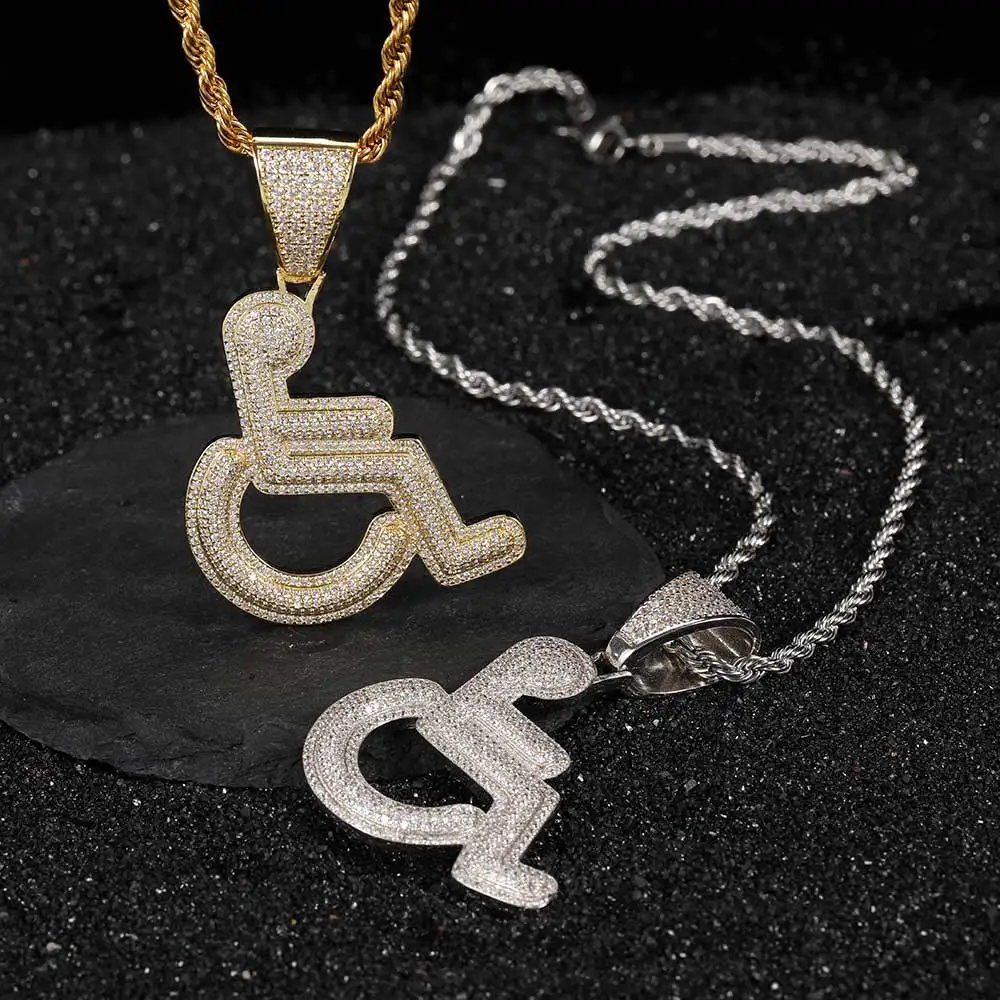 NY Full Iced Out Wheelchair Logo Pendant Necklace Bling CZ Crystal Hip Hop Rapper Charm for Men Women