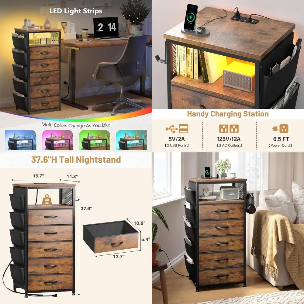 

5-Drawer Tall Nightstand with LED, Ports, Outlets, Side Bag, Storage Shelf & Hooks for Bedroom or Dorm