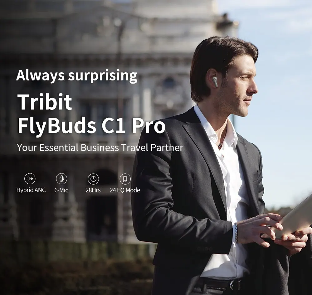 Беспроводные наушники Tribit FlyBuds C1 Pro True, гибридные шумоподавляющие Bluetooth-наушники с 6 микрофонами, компенсация слуха, время работы 36 часов