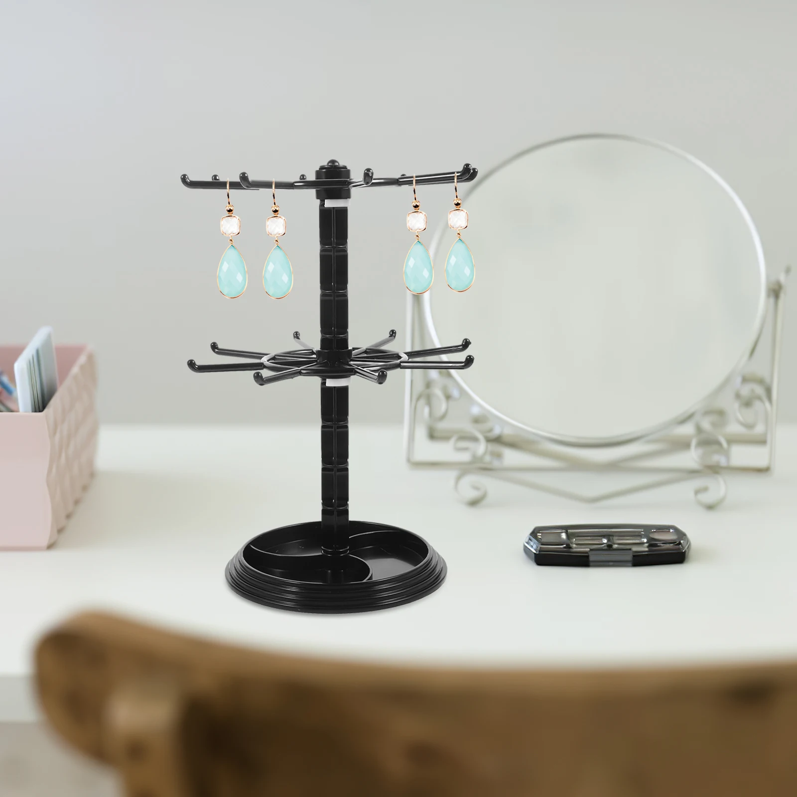 

2 Layer Black Key Jewelry Rack Necklace Bracelet Holder Rotating Stand Small Accessories Display Plastic Desktop ganizer Storage