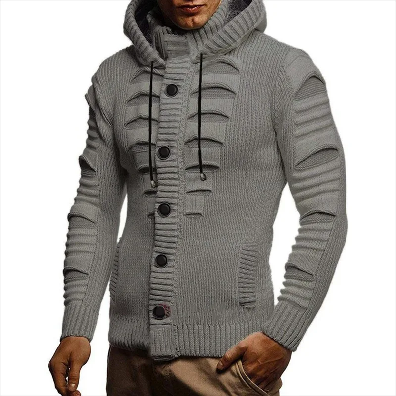 Plus Size Fashion  Knitting Sweater Men Spring Autumn New Hollow Casual Slim Fit Grey Hooded Sweaters Male Winter Warm 5XL