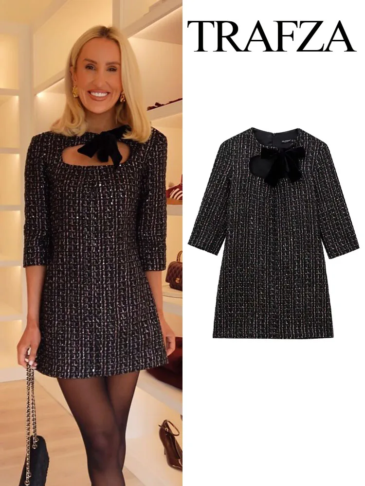 TRAFZA Elegant Women Sexy Bowknot Dress Crop Decorate Mini Dress Female Chic Back Zipper Half Sleeves Gingham Slim Party Dress
