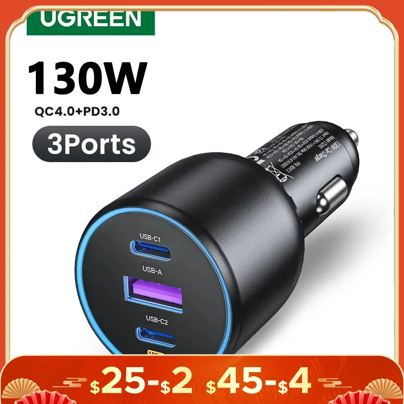 UGREEN 130W USB C Car Charger For Xiaomi iPhone 15 Samsung Galaxy S24 Laptops Tabet PD3.0 Fast Charging USB Type C Car Charger