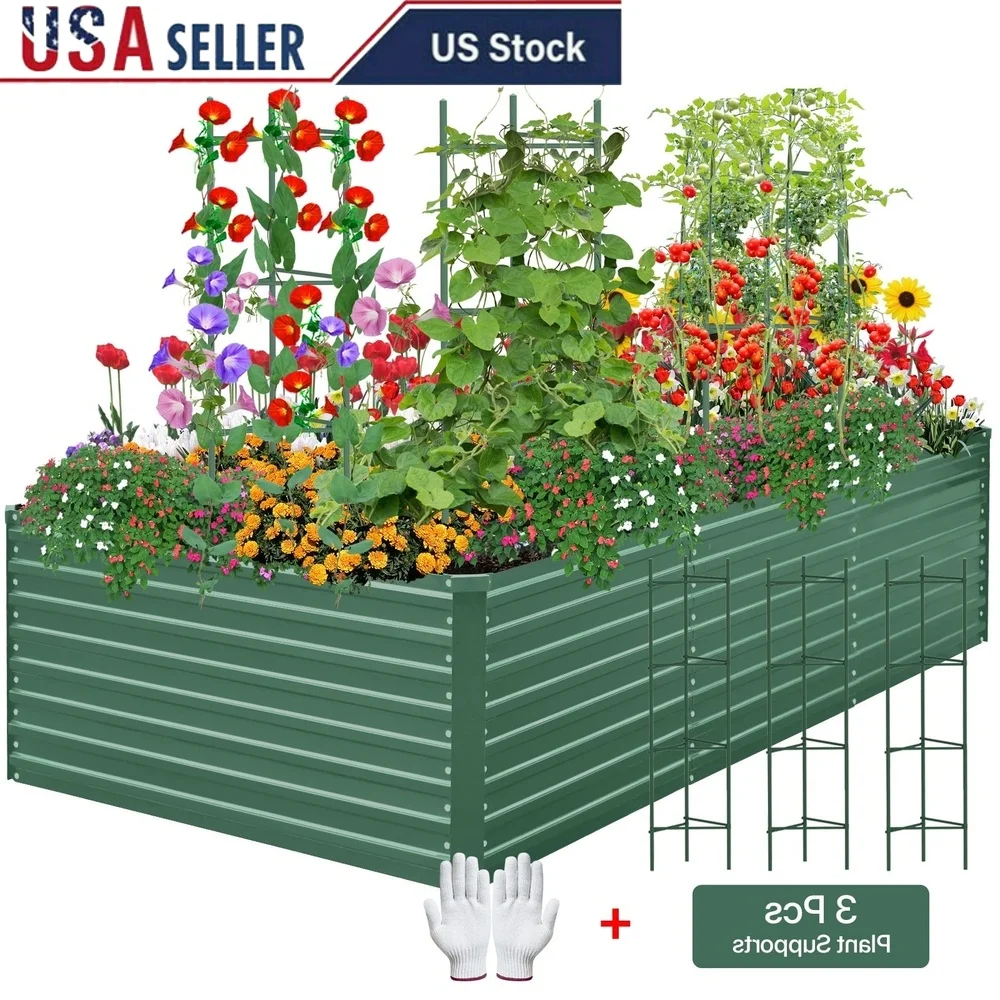 

Outdoor Metal Raised Garden Bed Planter Box 8x4x2ft Rust Resistant Galvanized Steel Vegetables Flowers Herbs with Tomato Cages