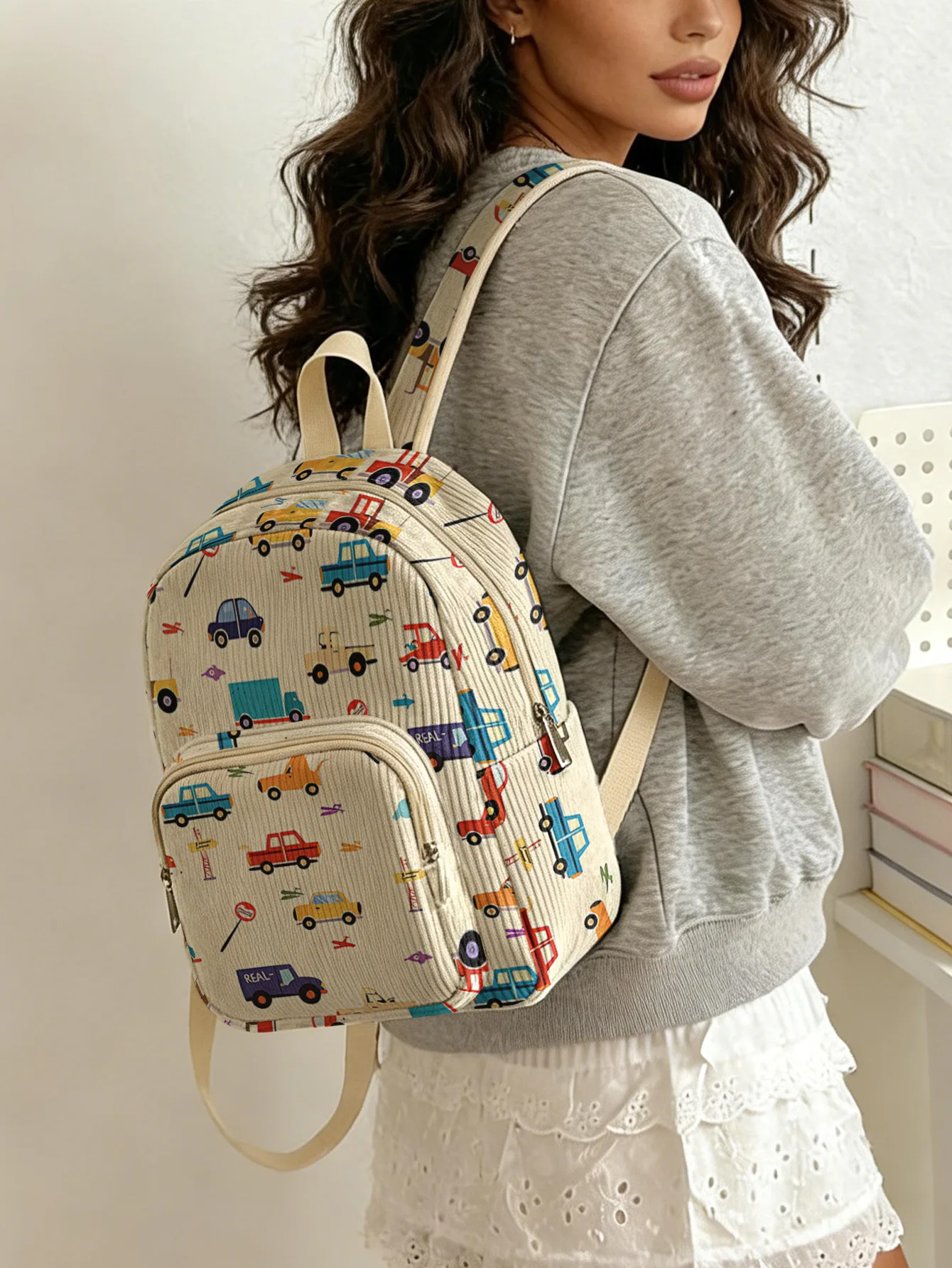 

Женский модный рюкзак с принтом мультяшных автомобилей и транспортных средств, вельветовая сумка с множеством карманов, большая вместительная сумка для поездок на работу