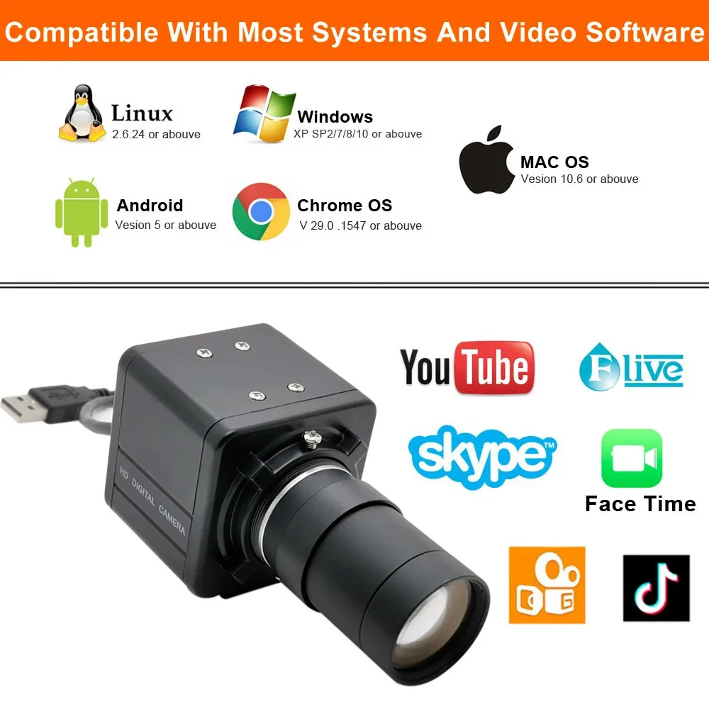 Industrial 30fps 5MP IMX335 USB Webcam 4MP 2K With CS 5-50mm Varifocal Lens High speed USB2.0 UVC OTG  PC Video BOX Camera