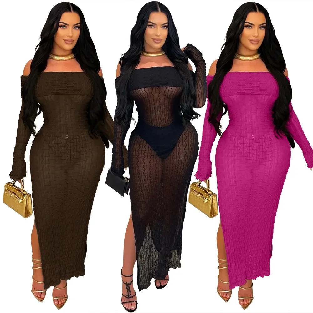 

2024 Autumn Women Knitted See Through Full Sleeve Slash Neck Long Dress Evening Sexy NightClub Party Dresses Vestidos