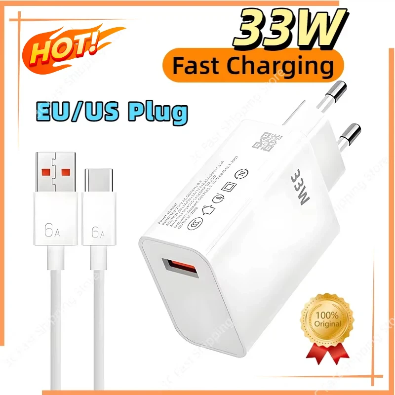 EU/US Plug 33W Fast Charger QC 3.0 USB Type C Cable 6A Quick Charging Turbo Charge Mobile Phone For Samsung Huawei 2026 New - náhled 2