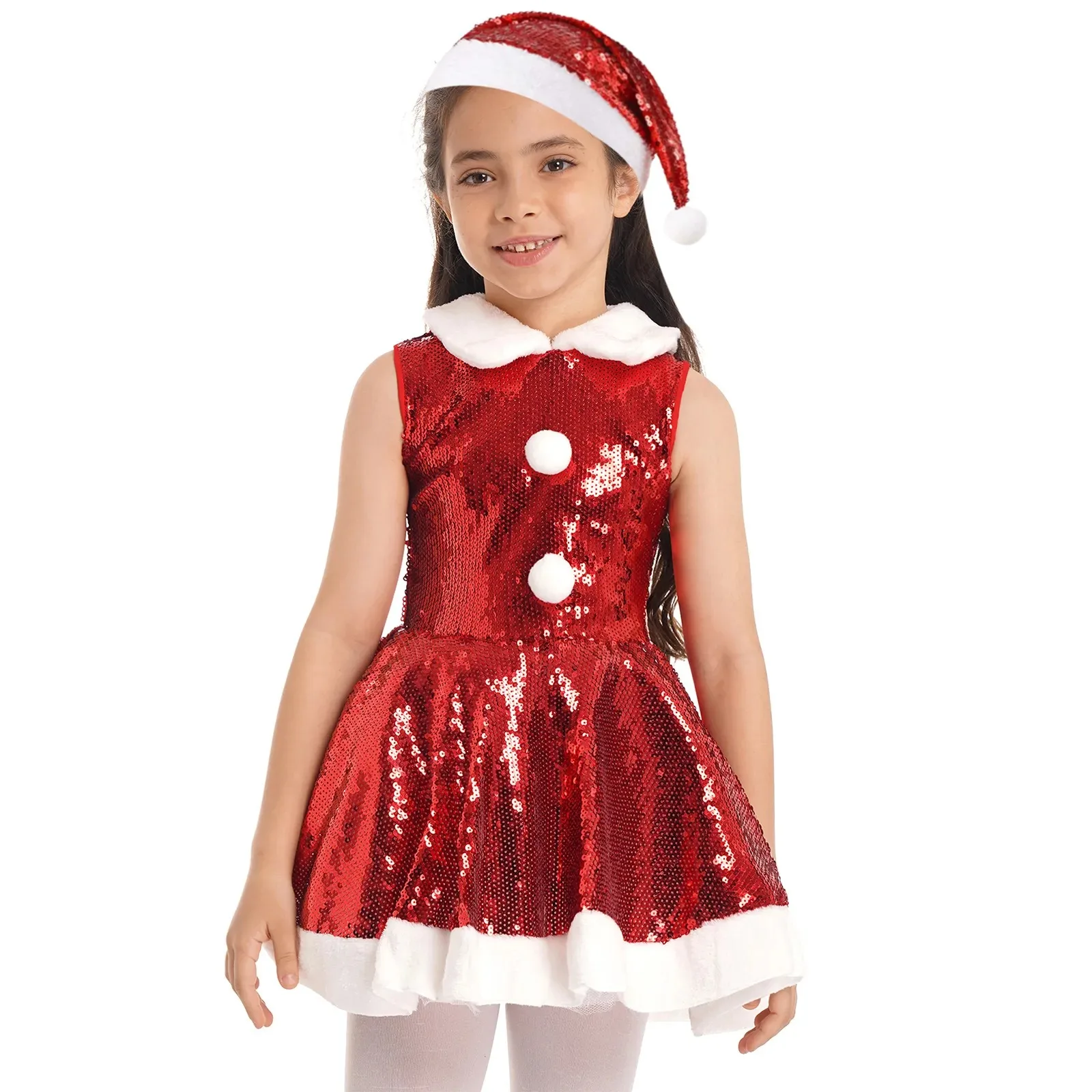 

Red Kids Girls Christmas Party Dress Dance Performance Costume Sleeveless Sequins Dress With Hat Set Girls Dress For Christmas