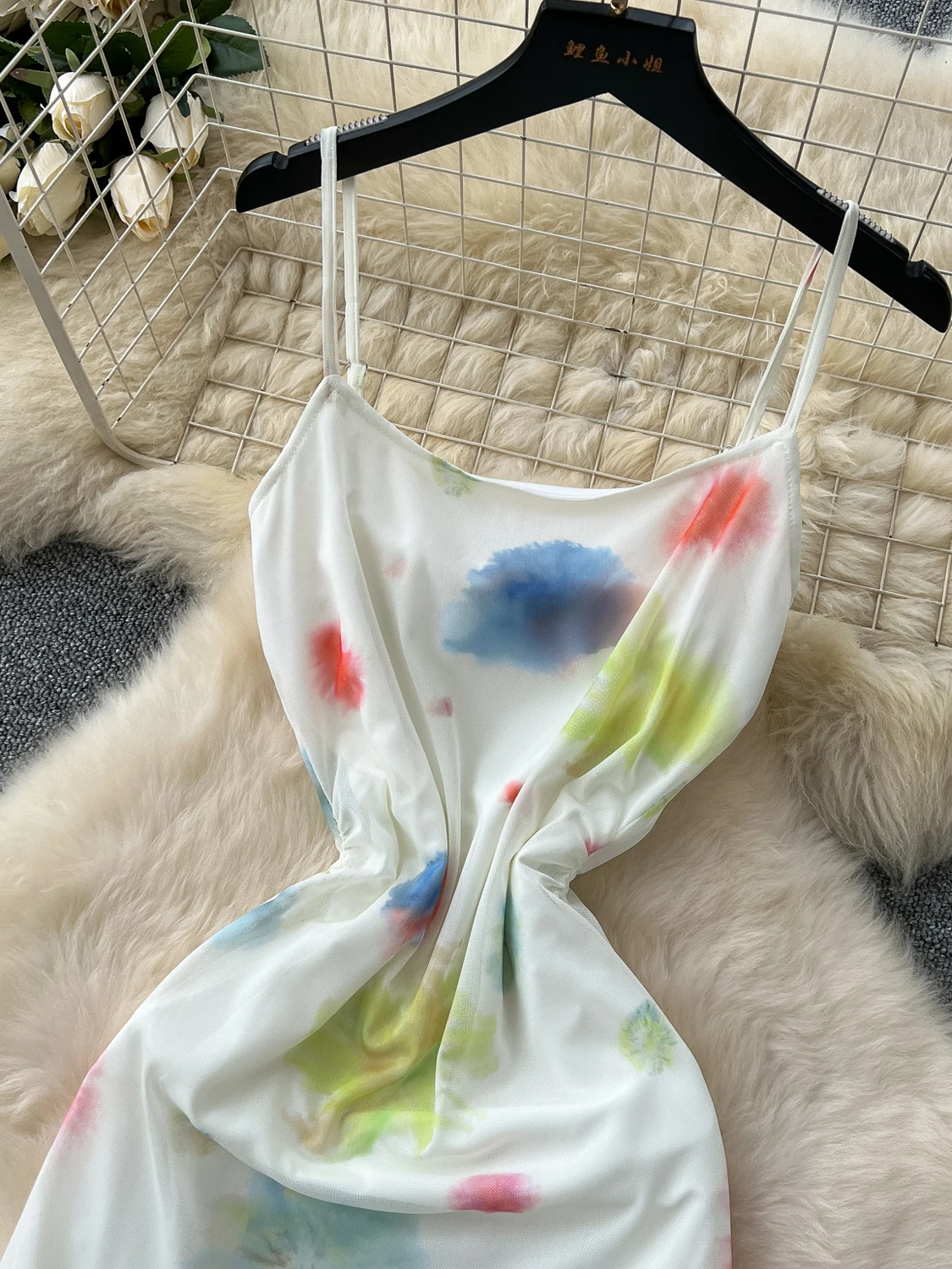 Foamlina Vacation Holiday Dress Women's 2025 Summer Retro Color Smudge Tie-dye Fishtail Mesh Suspender Strap Dress Boho