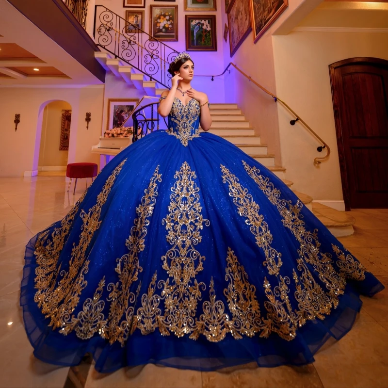 

Royal Blue Shiny Quinceanera Dresses Off The Shoulder Gold Applique Lace Beading Crystal Tull Corset Party Birthday Sweet 16
