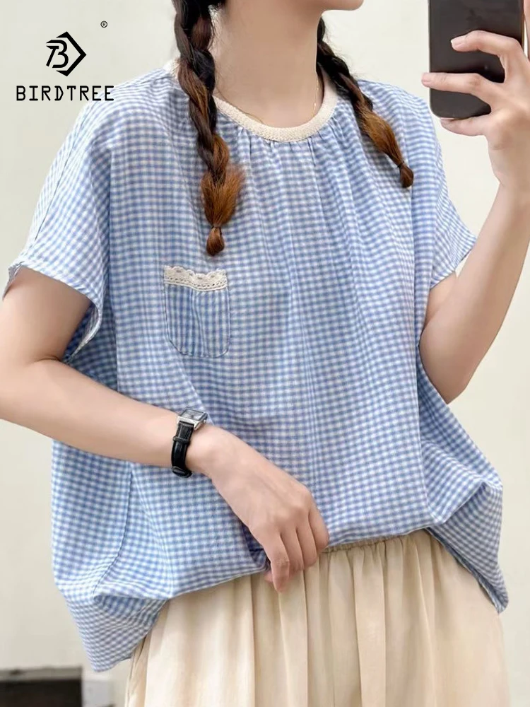 

New 2025 Autumn Cotton Short Sleeve Shirt, Women O Neck Plaid Lace Patchwork, Mori Girl French Retro Sweet Loose Blouse T57676CC