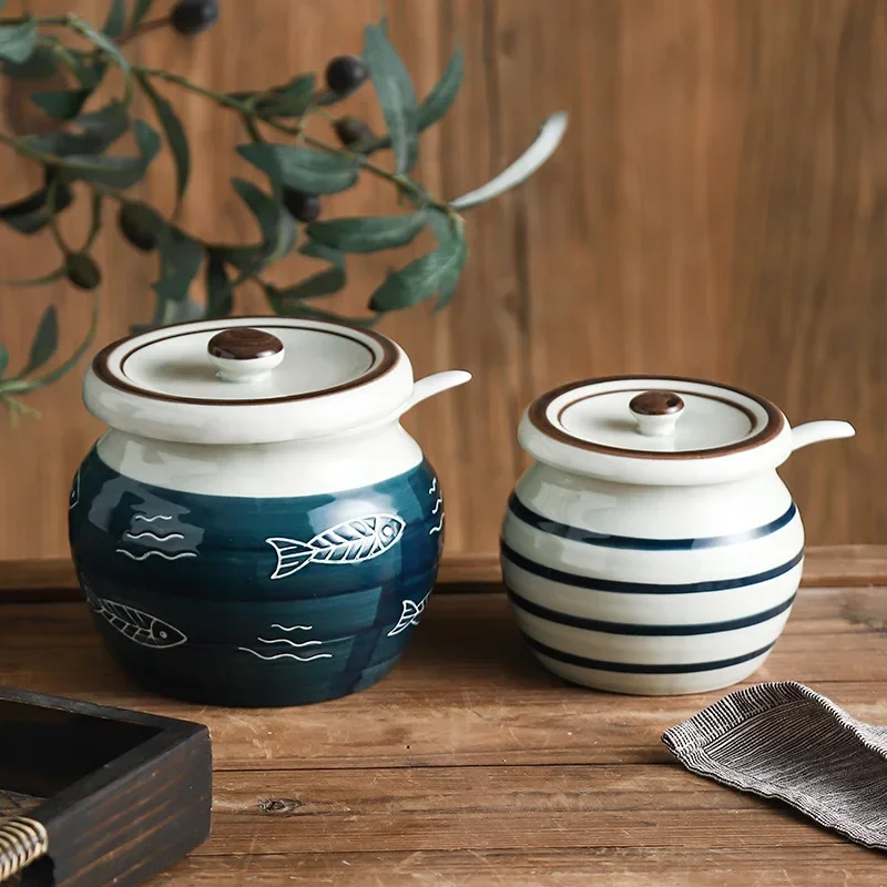 Ceramic Lard Jar Japanese-style hand-painted underglaze color high-value sugar-salt chicken essence pig storage tank