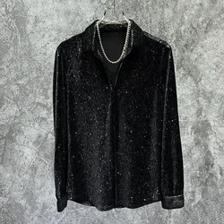 Mens Gold Velvet Shiny Long-Sleeved Casual Shirt 2024 Spring Autumn New Genderless Fashion Youth Slim Nightclub Performance Top