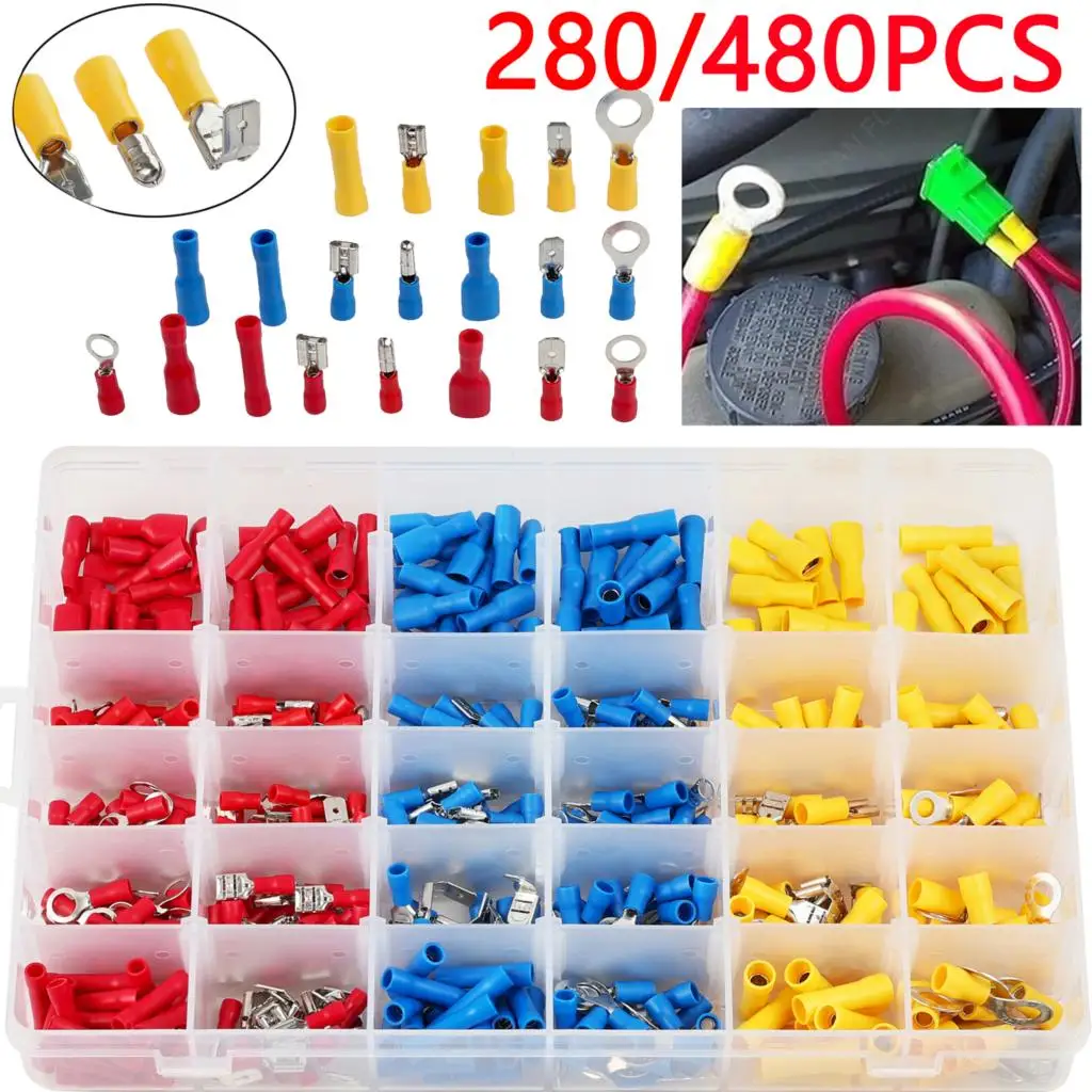 280/480Pcs Assorted Spade Terminals Insulated Cable Connector Electrical Wire Crimp Butt Ring Fork Set Ring Lugs Rolled Kit Box