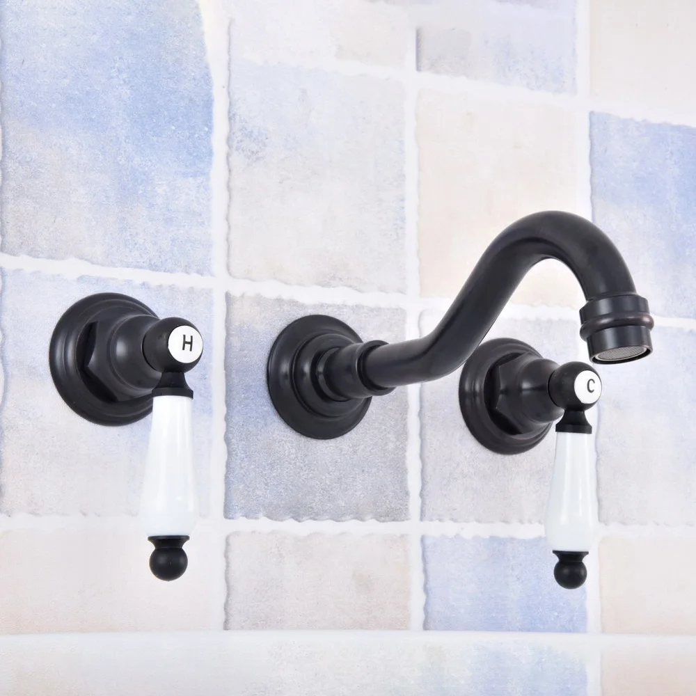 

Black Oil Rubbed Brass 2 Ceramic Handle Wall Mount 3 Hole Widespread Bathroom Lavatory Vessel Basin Faucet Sink Mixer Tap dsf497