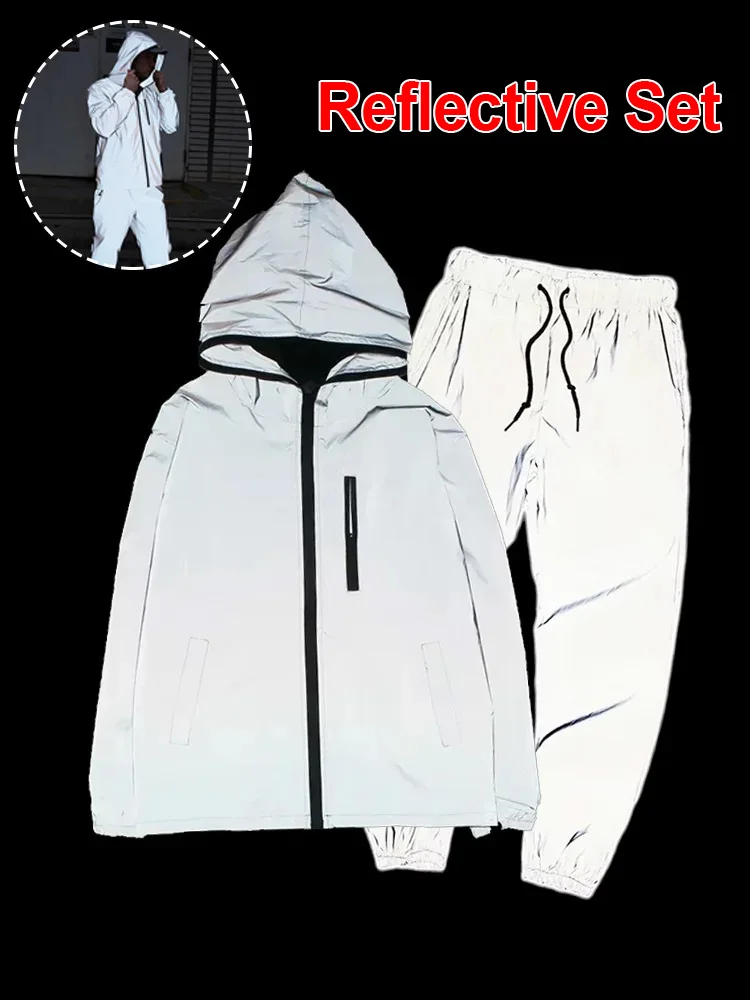 

Men's Reflective Performance Tracksuit Set Streetwear Windproof Hooded Jacket Pants Night Party Dancer Outdoor Fashion Outfits