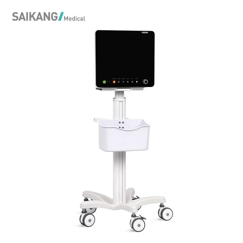 SKR-R06 SAIKANG Mobile Aluminum Hospital Monitor Trolley Height Adjustable Medical Record Computer Cart with Basket