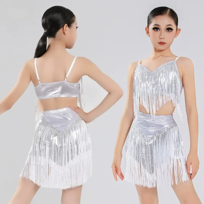 

Latin dance costume children's suspender sequined fringed skirt advanced sense training camp performance uniform female