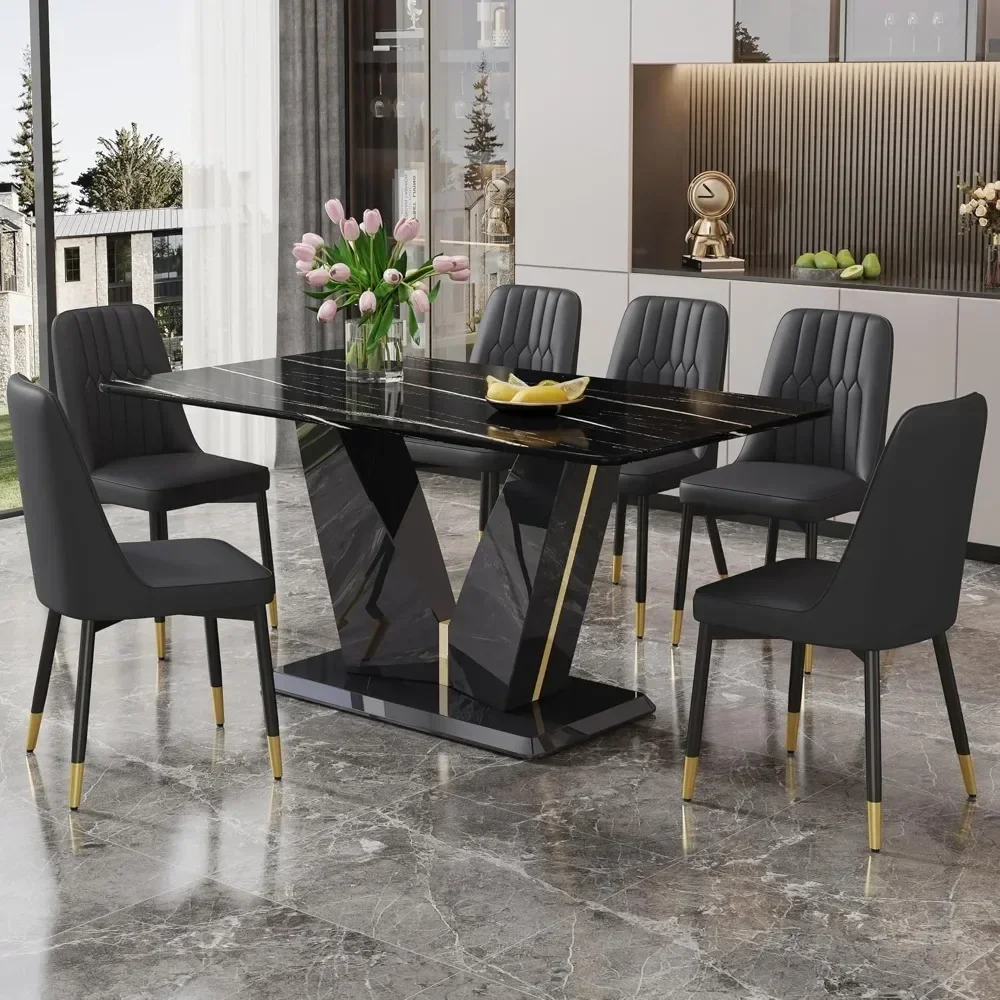 

Black Dining Room Table Set for 6, Modern Marble Dining Table with 6 Metal Leg Chairs Kitchen Table Chair Set for Dining Room