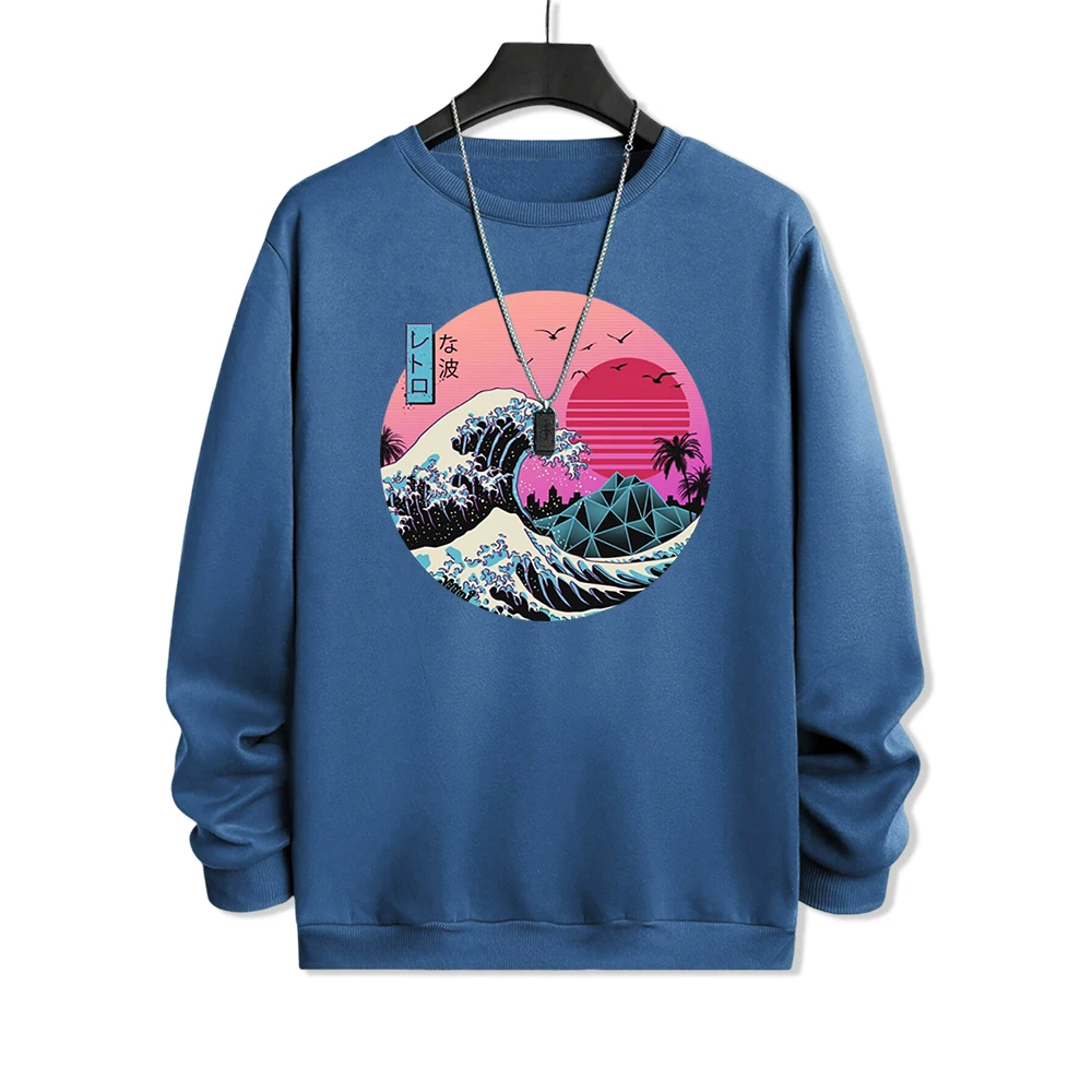 Japanese Ukiyo-E Sunset Waves Hoody Mens Fashion Street Prints Hoodie Casual Warm Sweatshirt Autumn Fleece Pullover Hoodies