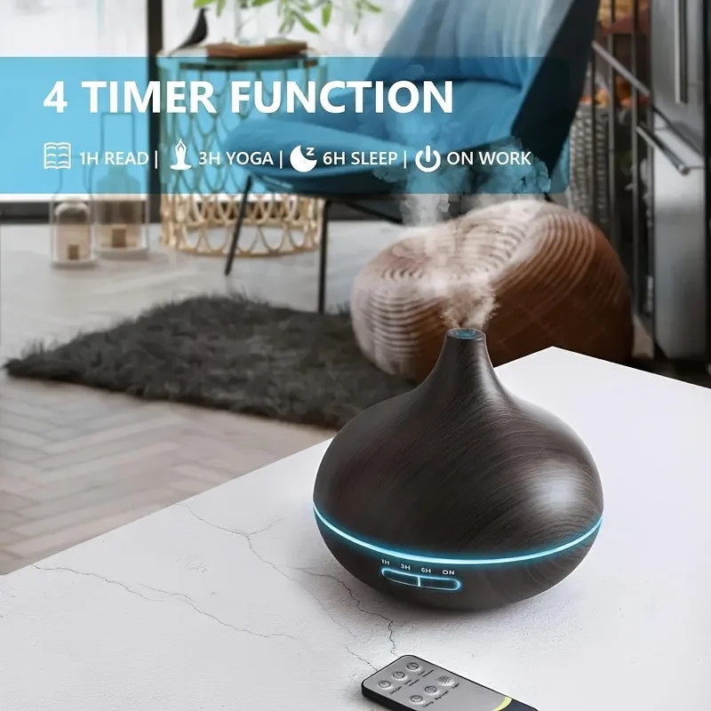 Aroma Diffuser with Remote Control Timer 7 colors LED Light 550ml Cool Mist maker Humidify For Home bedroom office Wood Grain