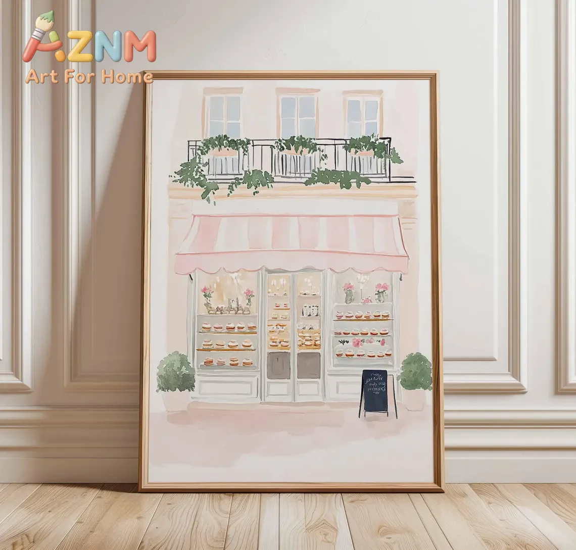 Paris Bakery Poster Print, French Patisserie Wall Art, Pastel Cafe Illustration, Pink Dessert Shop Decor, Whimsical Paris Street