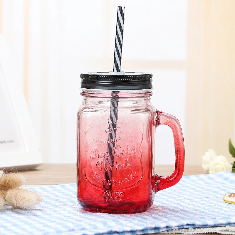 Colorful Glass Cups Clear Glass Water Cup Gradient Transparent Cap Straw Cold Drink Handle Mason Cup with Cover Drinkware Cups