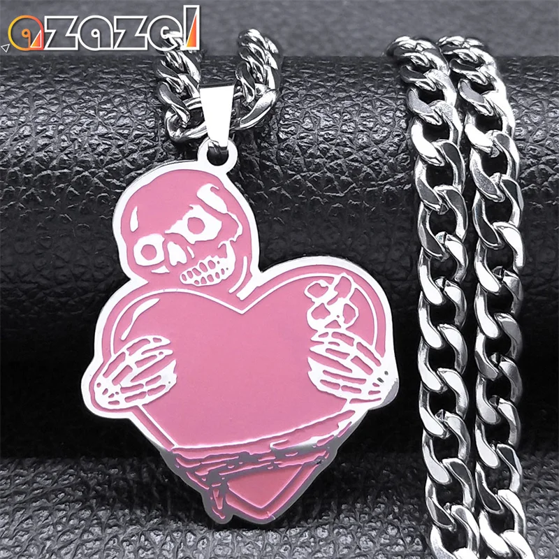 

Hip Hop Pink Gothic Skull Heart Necklace for Women Men Stainless Steel Y2K Egirl Sweet Cool Necklace Aesthetic Jewelry N8164S08