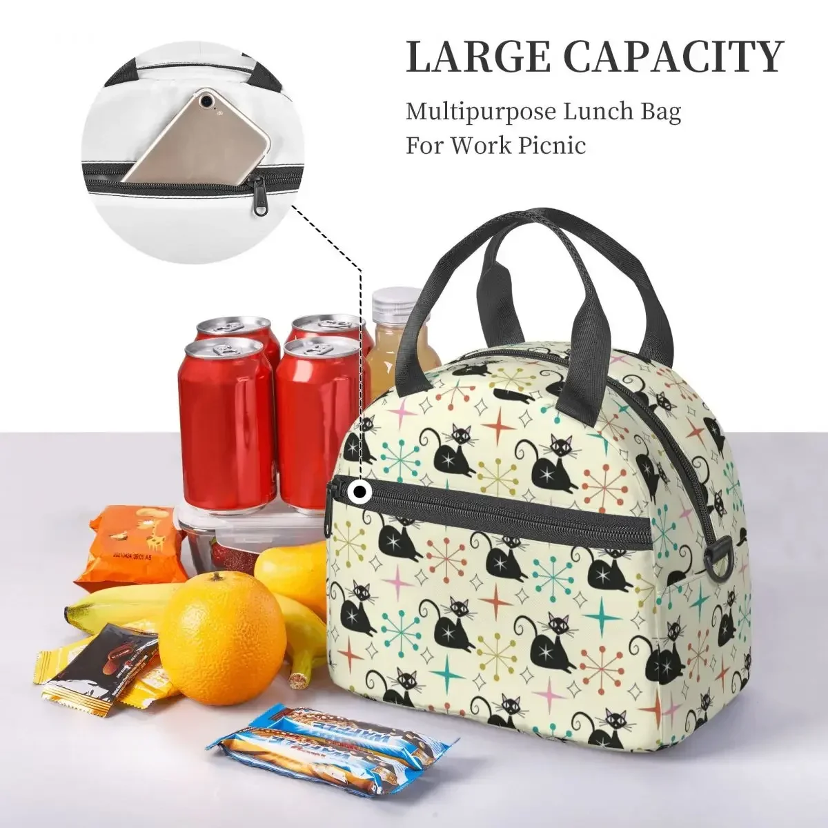 Mid Century Black Atomic Cat With Starbursts Insulated Lunch Bag for School Picnic Storage Food Boxes Cooler Thermal Lunch Box