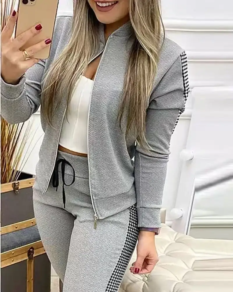 

Autumn Winter Women's Sports Zipper Plaid Tracksuits Elegant Retro Jacket Coat And Drawstring Pants Two Piece Set Women Clothing
