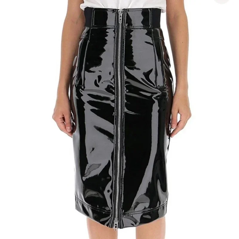 Women Glossy Patent Leather Midi Pencil Skirt High Waist Full Front Zipper Bodycon Wet Look PU Skirt Punk Nightclub Party Wear