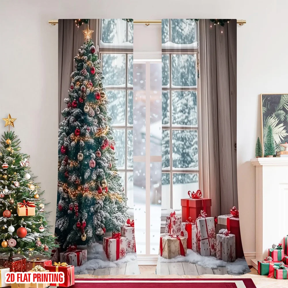 2 قطعة 2D الطباعة المسطحة عالية الجودة عيد الميلاد الستائر سانتا كلوز والرنة الشتاء المشهد3 دائم ألياف البوليستر الطرف و